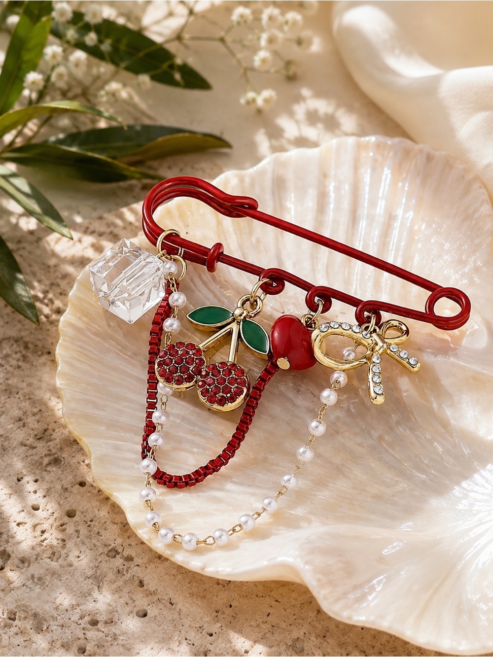 Red Cherry Charm Safety Pin Brooch with Pearls